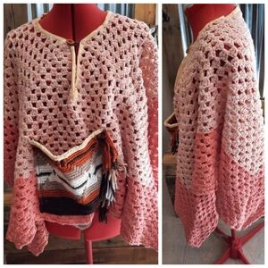 Upcycled afghan blanket poncho cape S-M peach handmade
